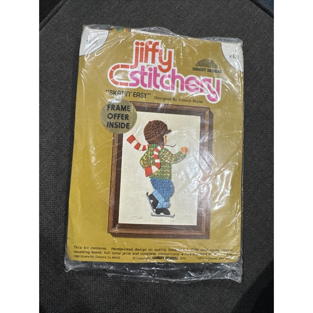 Sunset Designs Jiffy Stitchery Kit “Skatin Easy" Embroidery Crewel 1970s 5x7”